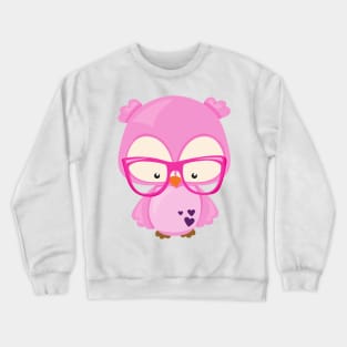 Valentine's Day Owl, Pink Owl, Glasses, Hearts Crewneck Sweatshirt